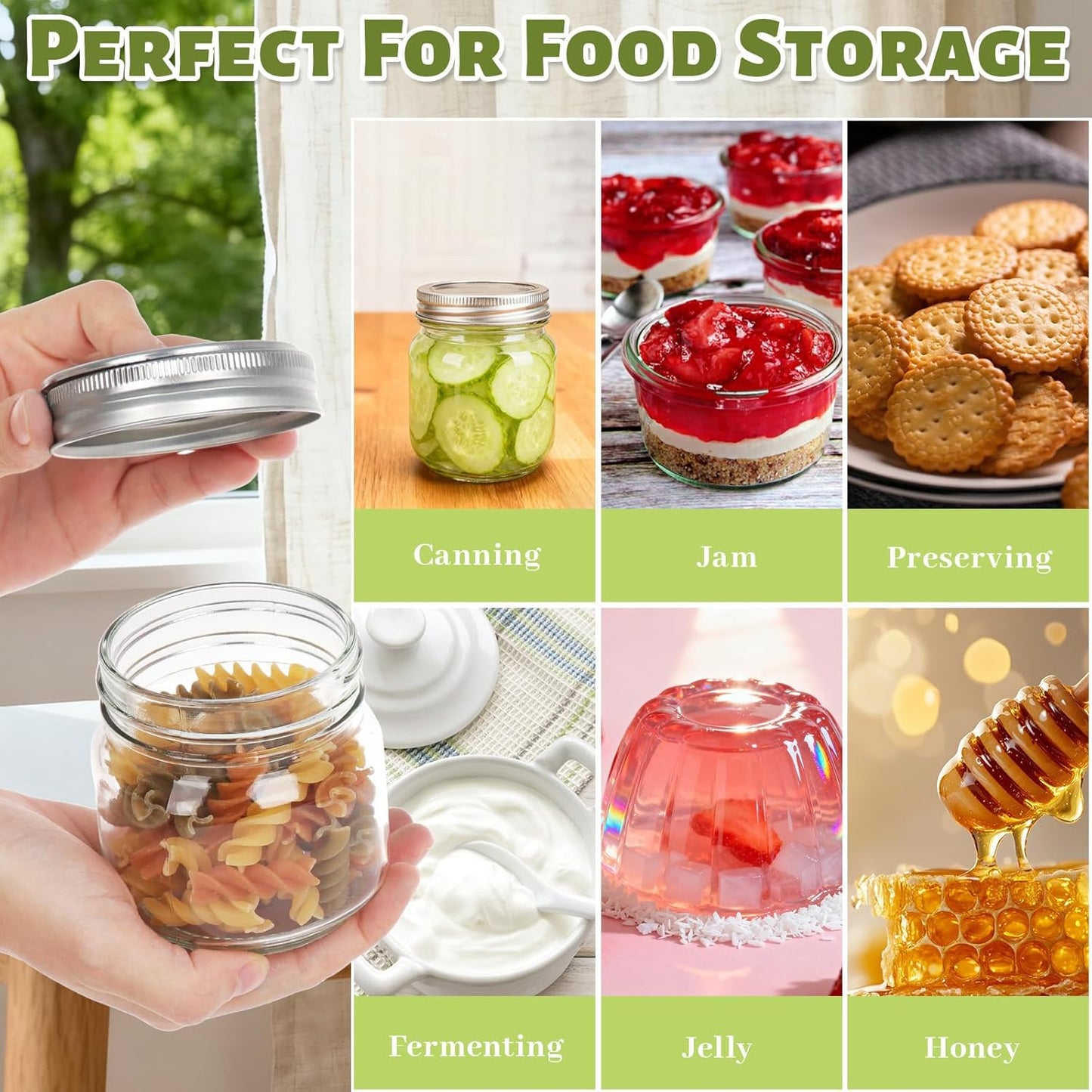 8 oz Glass Mason Jars, 24 Pack Clear Glass Jars with Regular Lids, Canning Jars for Honey, Yogurt, Wedding Favors, Food Storage, Vegetables, Includes 40 Black Labels