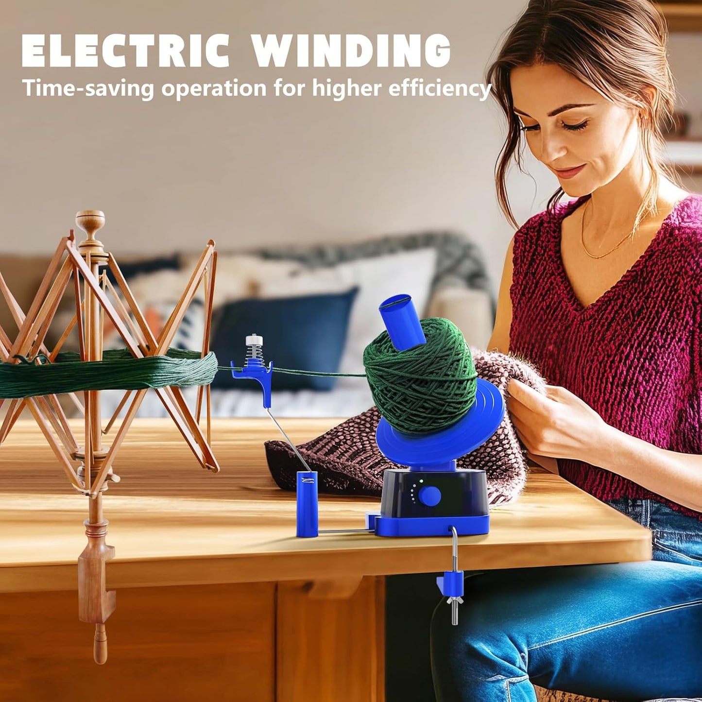 Yarn Winder, Electric Yarn Ball Winder for Crocheting, Efficiently Cake with Strong Tension Adjustable Speed Up to 13 oz, Automatic Spinner Wool for Knitting Enthusiast (Blue)
