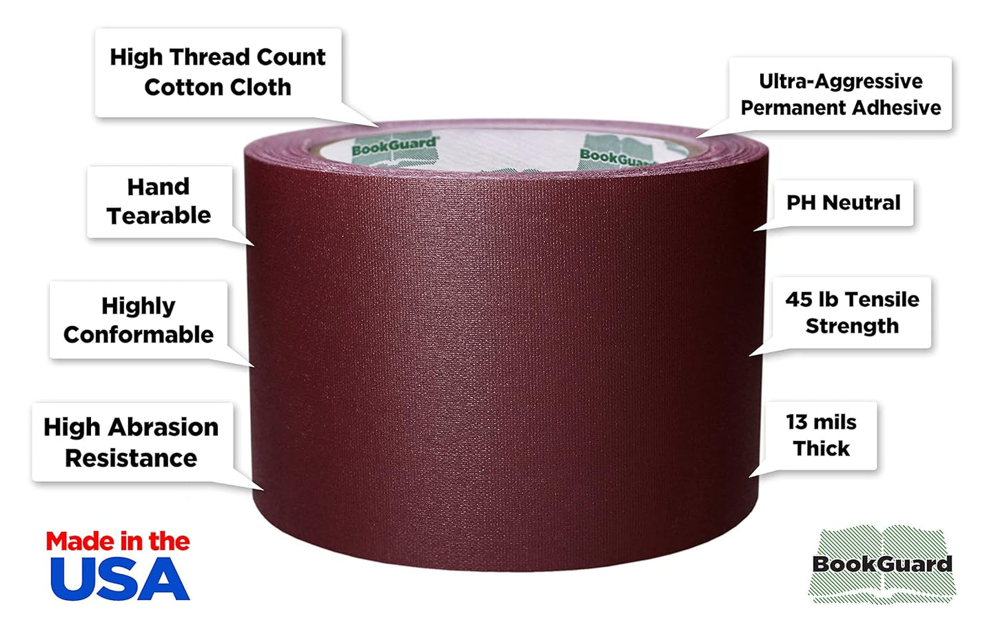 BookGuard 3 inch Premium Bookbinding Repair Cloth Tape, 15 Yard Roll, Burgundy