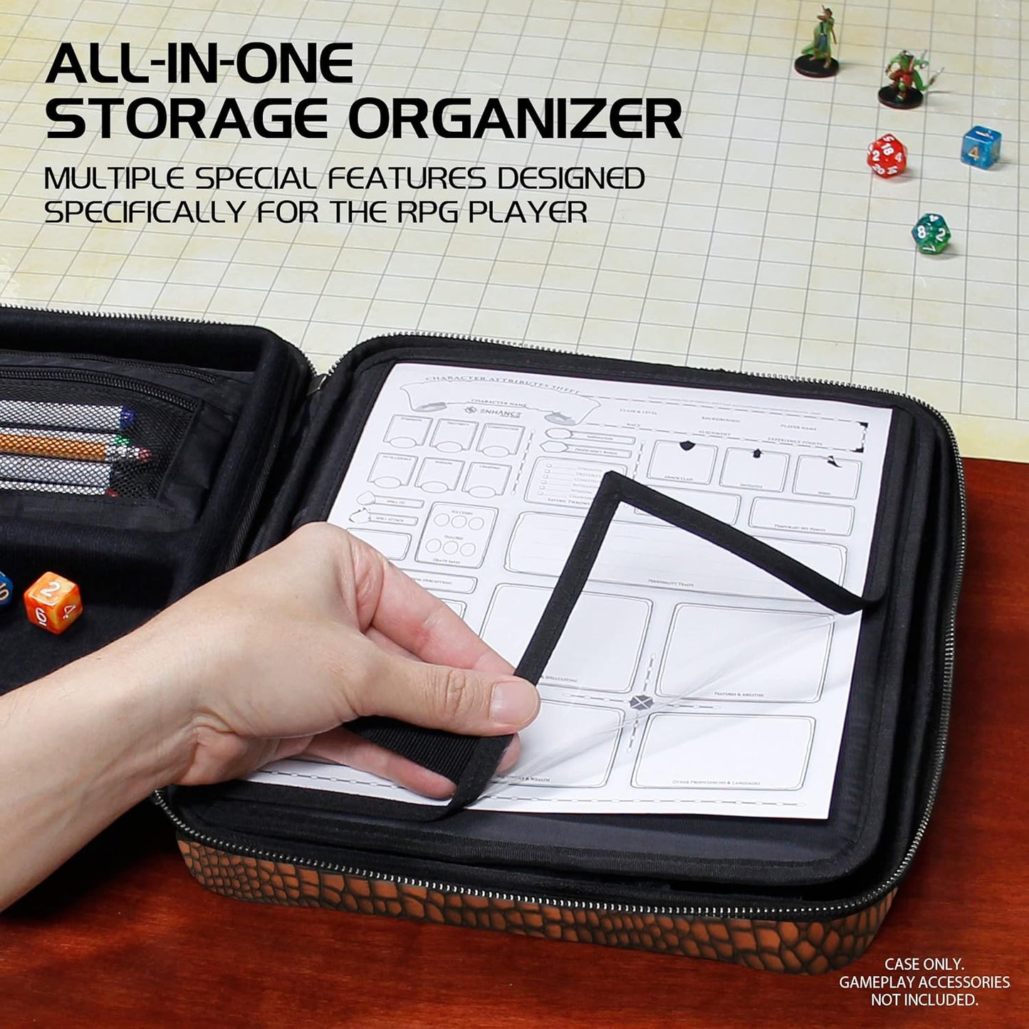 ENHANCE RPG Organizer Case - DnD Binder with Built-in Character Sheet Holder and Erasable Scribe Panel, Dice Rolling Area, Removable Pen Pouch, Miniature Foam Tray, Wrist Strap