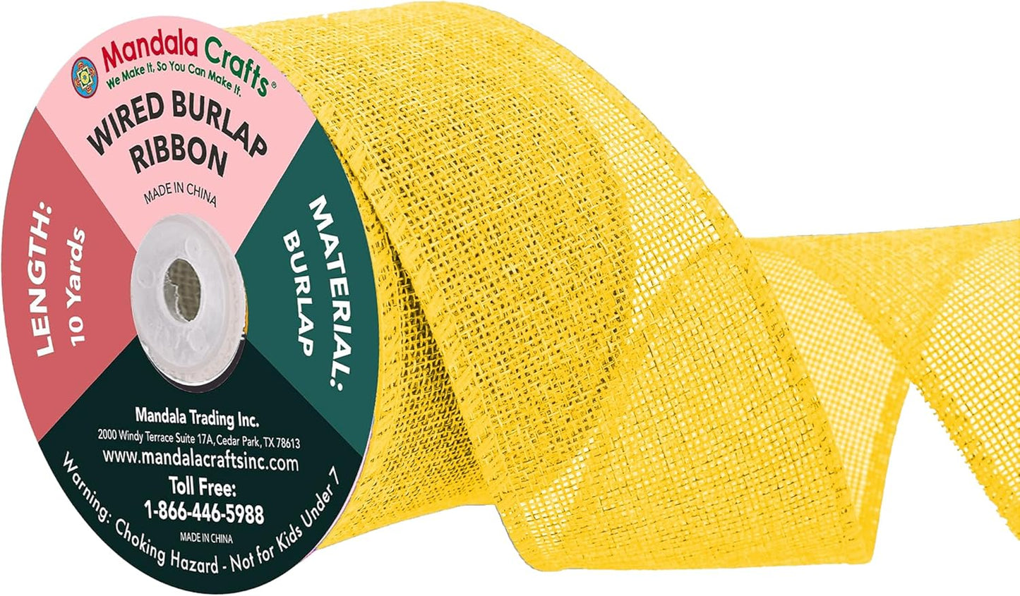 Mandala Crafts Yellow Burlap Wired Ribbon 2.5 Inches Wide Jute Ribbons for Crafts - 10 Yds Roll Rustic Burlap Wrap Trim Ribbons for Wreaths Bows Party Decoration