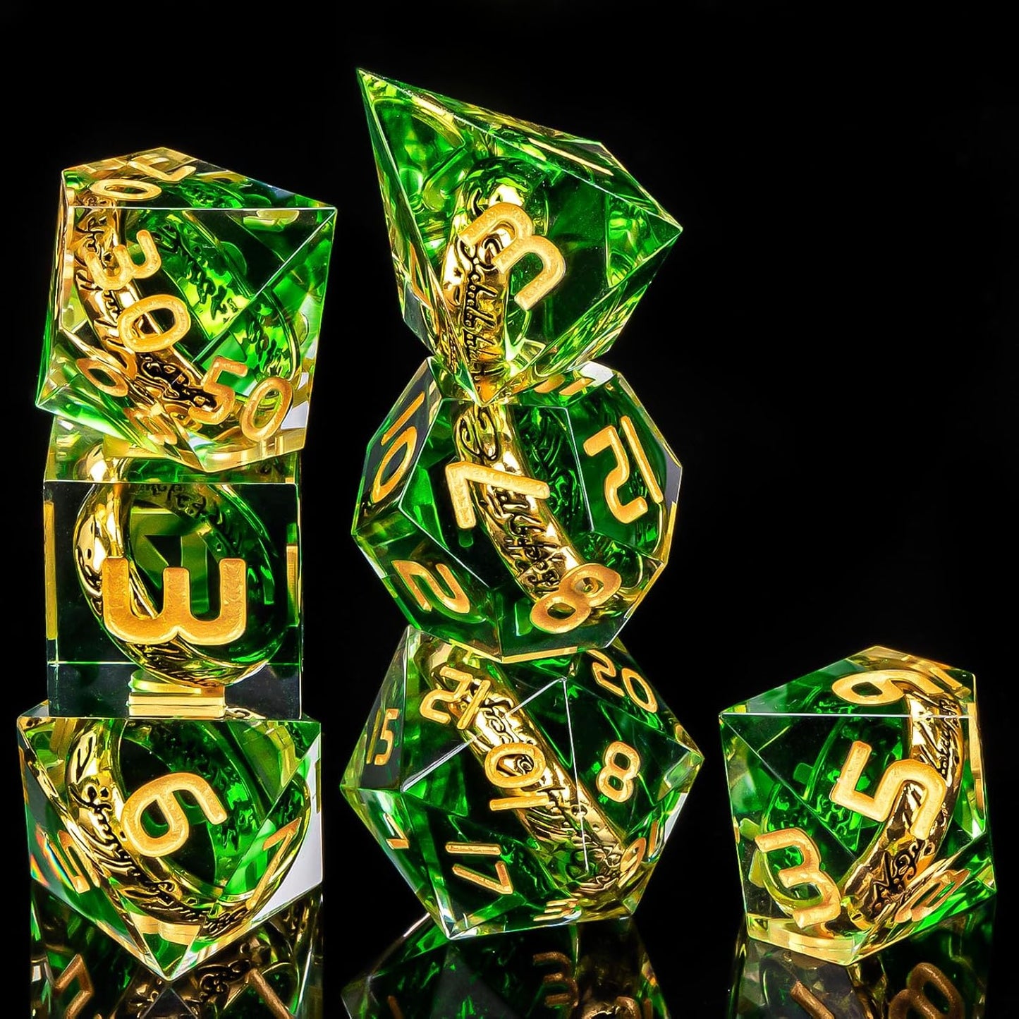 OUKELANWO Magic Lord Rings DND Dice Set with Box, 7Pcs Resin LOTR D&D Dice Set for Role Playing Game, Green Gold Dungeons Dragons D and D Sharp Edge Dice D20 D12 D10 D8 D6 D4