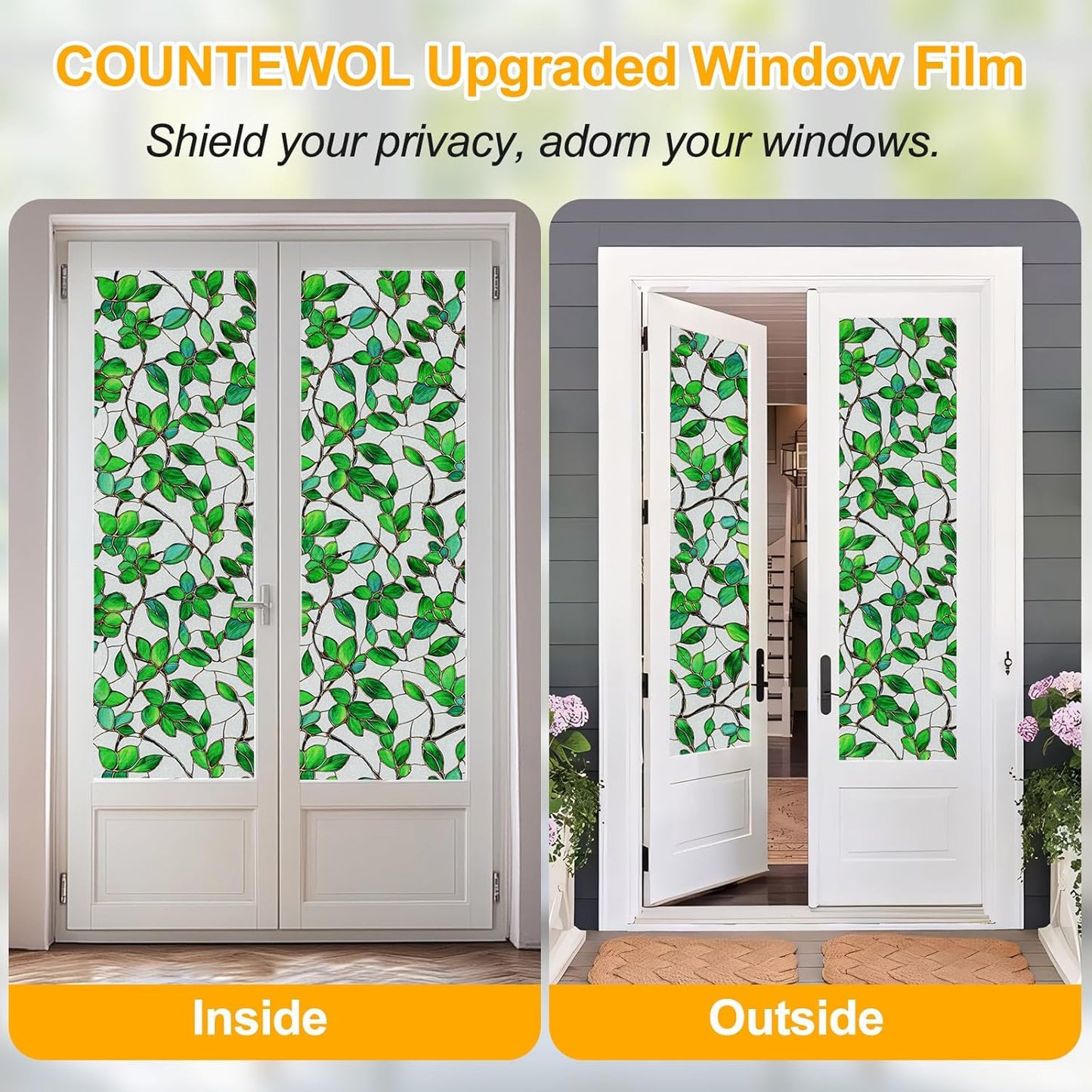 Window Privacy Film Stain Glass Window Film Rainbow Window Film Window clings Non-Adhesive Reusable Decorative for Room (Frosted Greenery Leaf, 17.5 x 78.7 in)