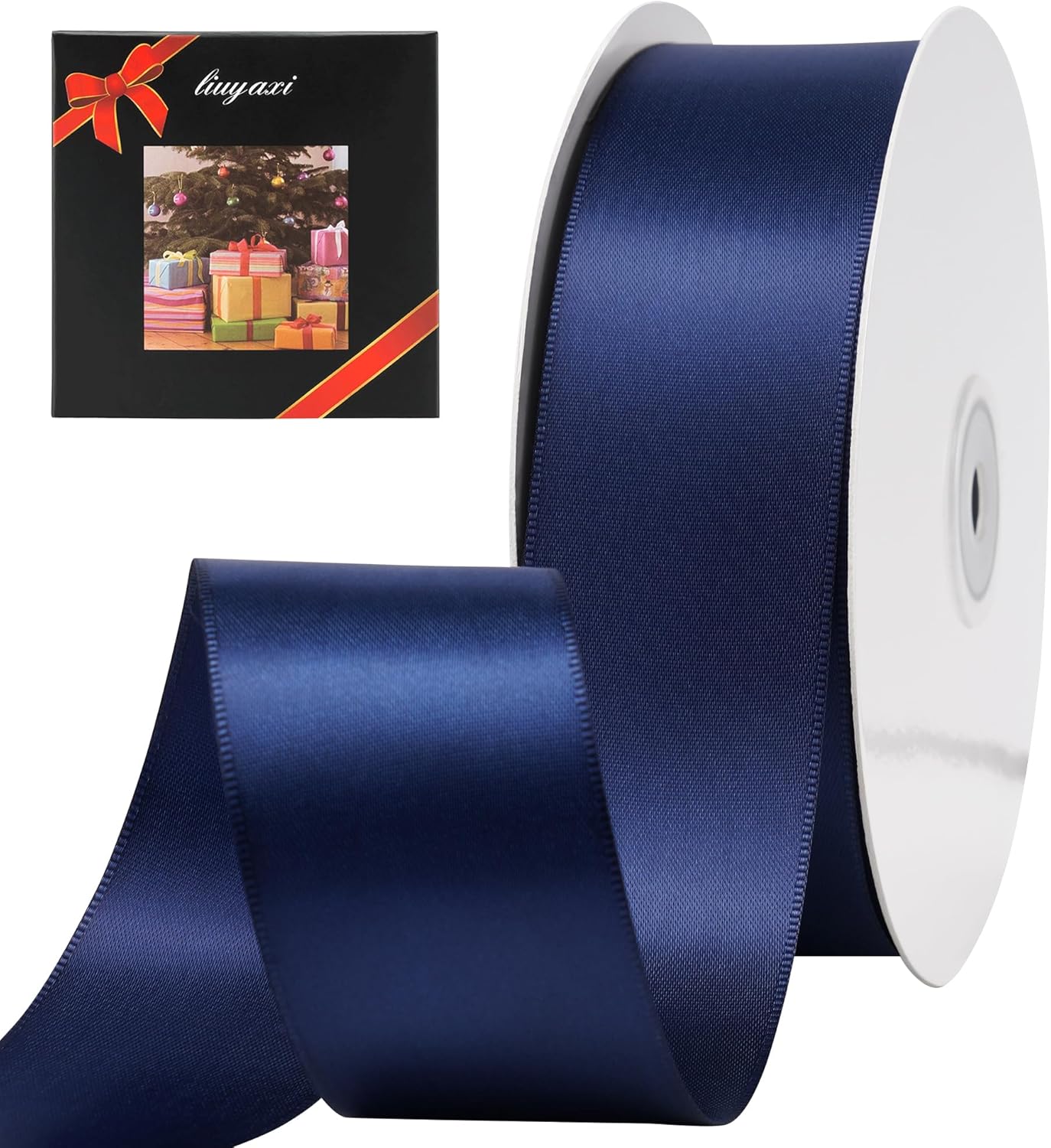 LIUYAXI Navy Blue Stain Ribbon, 2" X Continuous 50 Yards, Double Faced Fabric Ribbon Use for Bows Bouquet,Christmas Gift Wrapping,Floral Arrangement