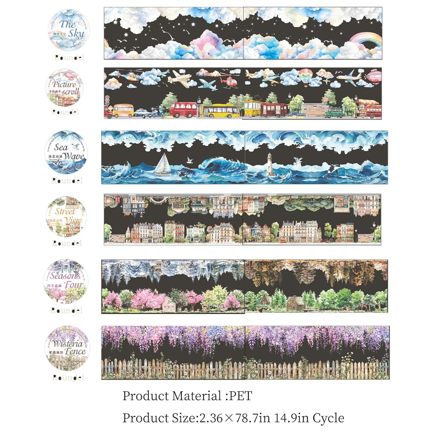 PET Tape Stickers for Junk Journal Supplies,Transparent Landscape Stickers for Scrapbook Supplies,DIY Craft,Journaling,Notebook,Phone Case(Parallel Landscapes)