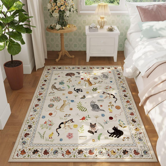 Rugcomf Bedroom Rug 3x5 Rug Washable Area Rug Non Slip Low Pile Boho Floral Animal Cat Small Carpet for Bedroom Bedside Kitchen Entryway Kids Room Office College Dorm Essentials for Girls, Beige