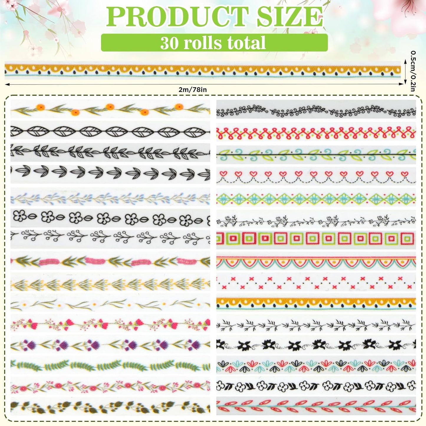EORTA 30 Rolls Floral Washi Tapes Set, Slim 5mm Plants Masking Tape, Decorative Sticker for Detailed Scrapbooking, Arts, Wrapping, Journaling, Planners, DIY Crafts, 0.19inch Wide