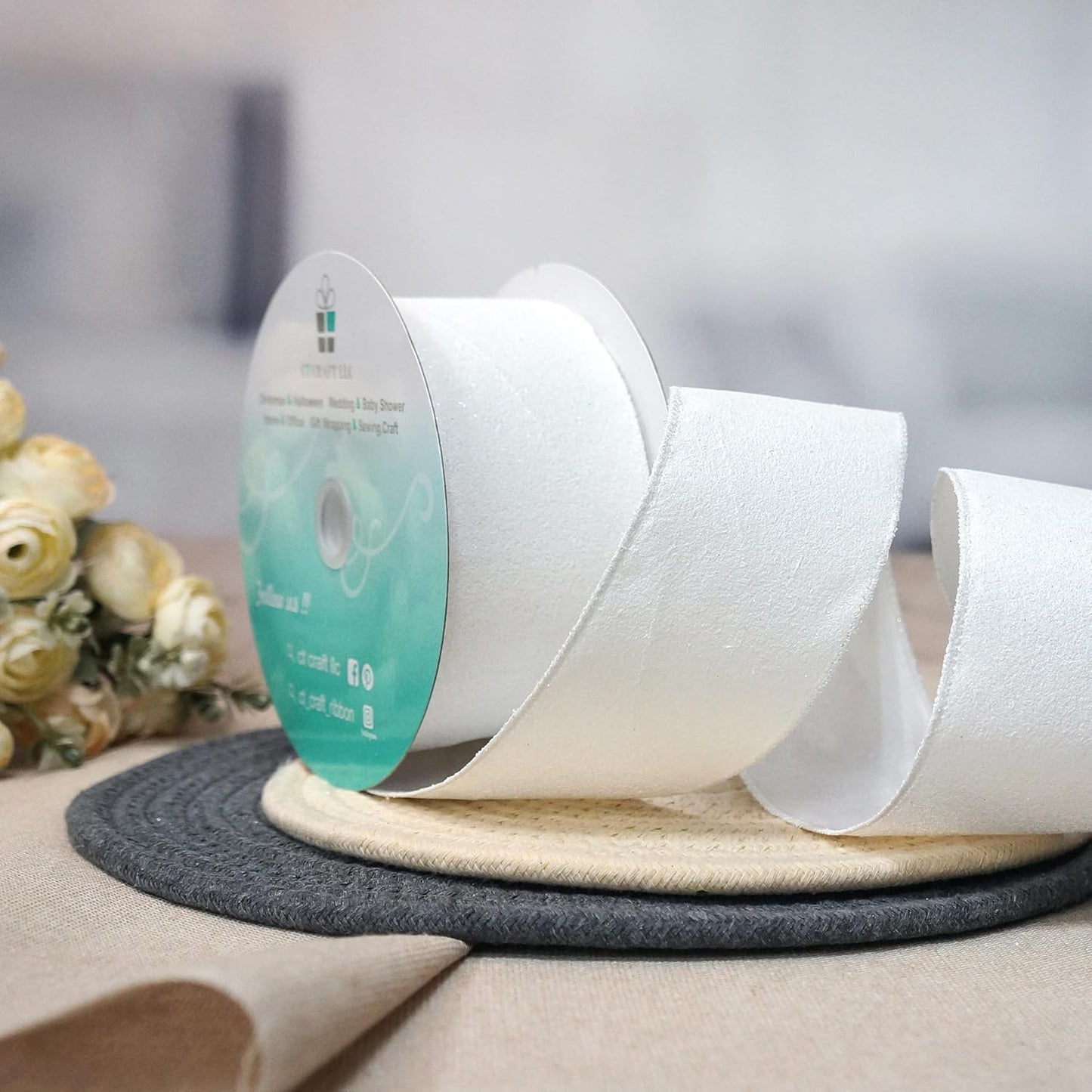 CT CRAFT LLC Glitter Wired Ribbon 2.5" x 20 Yards White for Christmas Home Decor Bow Gift Wrapping DIY Crafts Wreath