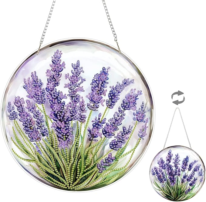 Eiflow Hanging Diamond Art Kit for Adults Lavender, Acrylic Diamonds Painting Board Kit Purple Flower, DIY Gem Art Pendant Ornament