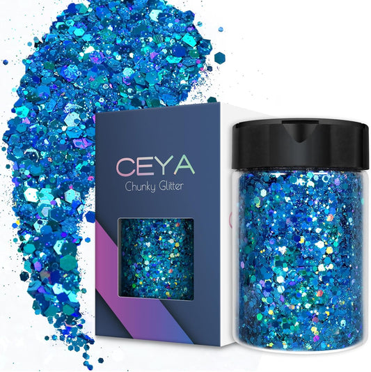 Ceya Holographic Chunky Glitter, 4.9oz/ 140g Sky Blue Craft Glitter Powder Mixed Chunky & Fine Flakes Iridescent Nail Sequins for Nail Art, Hair, Epoxy Resin, Tumblers, Slime, Painting, Festival Decor