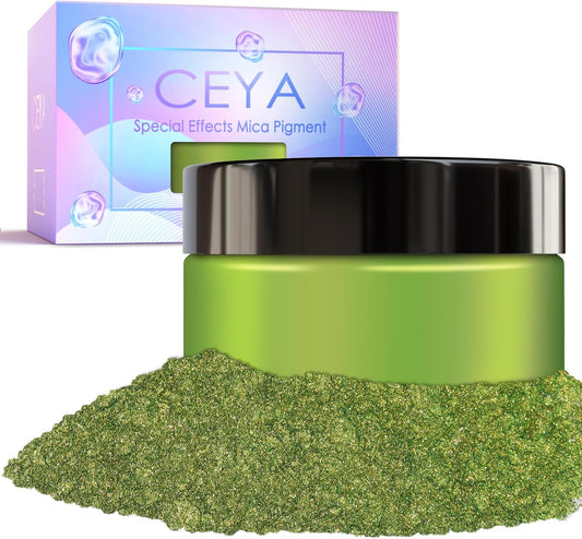 Ceya Highly Chameleon Mica Pigment, 1.8oz/ 50g Elf Green Eyes Chrome Powder, Cosmetic Grade Pearlescent Effect Color Shift Pigment for Epoxy Resin, Makeup, Nail Polish, Soap Dye, Candle Making, Slime