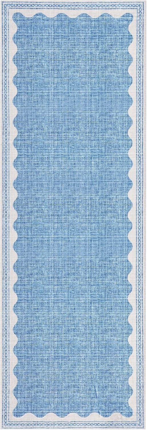 Scalloped Rug 2x6 Runners for Hallways, Solid Blue Runner Rug Non Slip Scalloped Bath Runner, Washable Rugs for Bedroom Girls, Rugs for Kitchen Floor Soft Dorm Nursery Carpet for Bedside