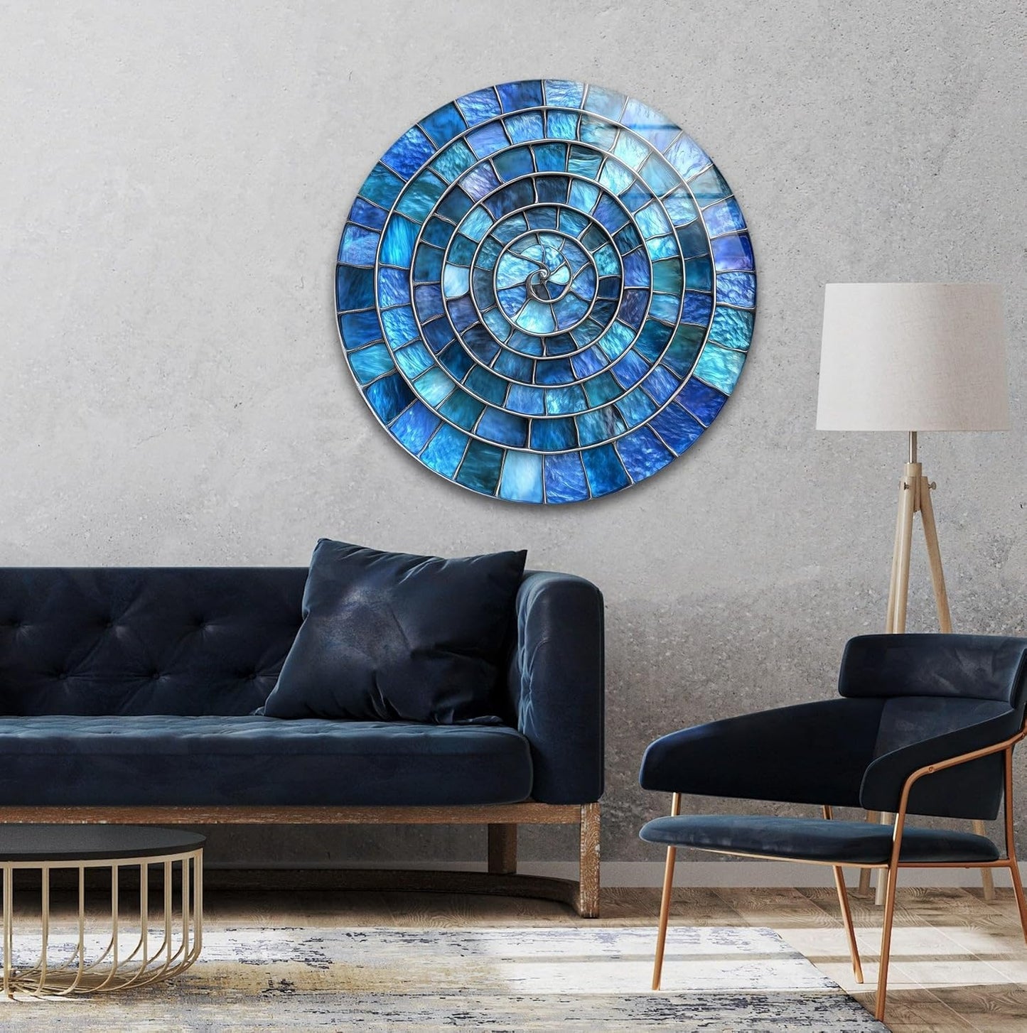 My Photostation.com 15.8''(40cm) Diameter Blue Aqua Spiral Harmony Round Glass Wall Art Tempered Glass Printing Wall Decor Large Wall Art Wall Hangings