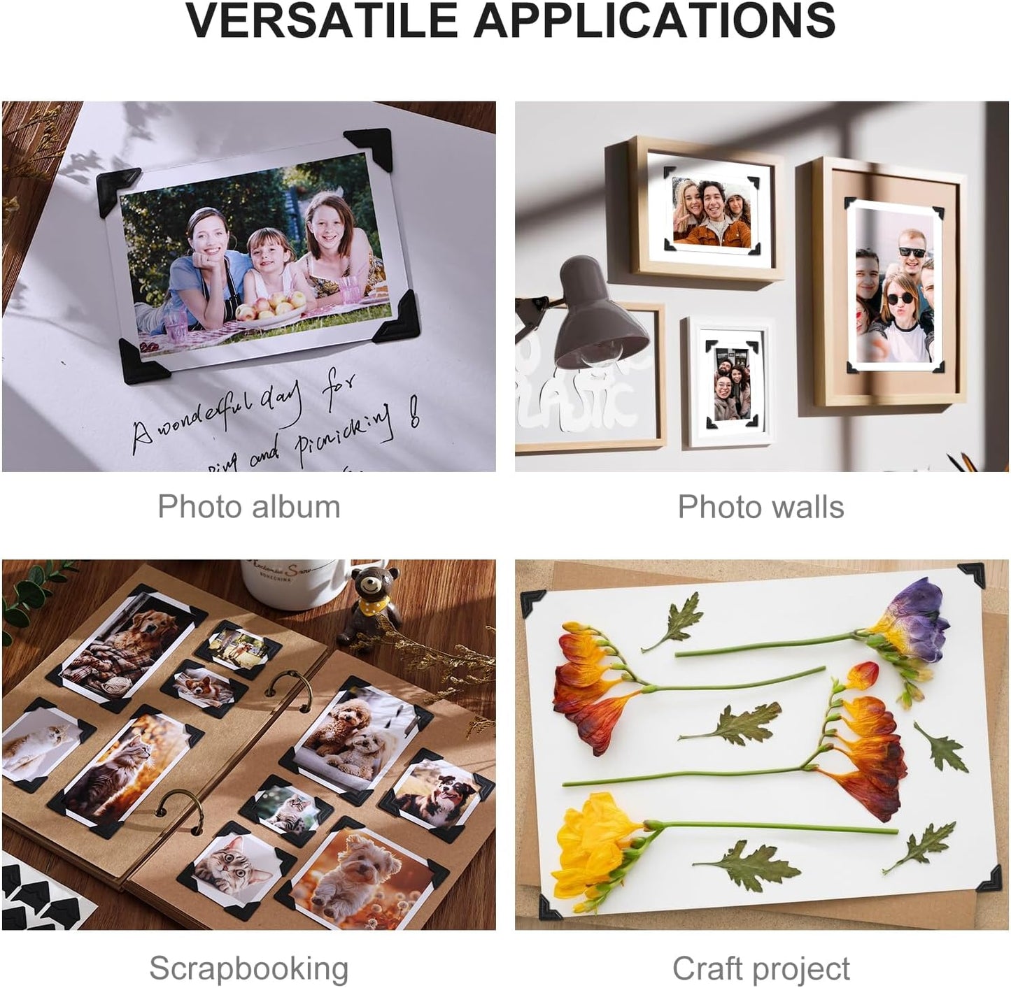 CHIALLCO Acid Free Photo Corners Self-Adhesive, 120 Pcs Premium Photo Corners for Scrapbooking, Black Photo Picture Mounting Corners for Photo Album, DIY Scrapbook Stickers, Memory Books, Diary