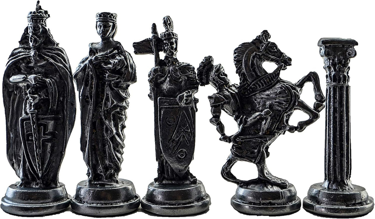 Medieval British Army Antique Copper Metal Chess Set for Adults,Handmade Pieces and Natural Solid Wooden Chess Board with Storage Inside King 3.35inc