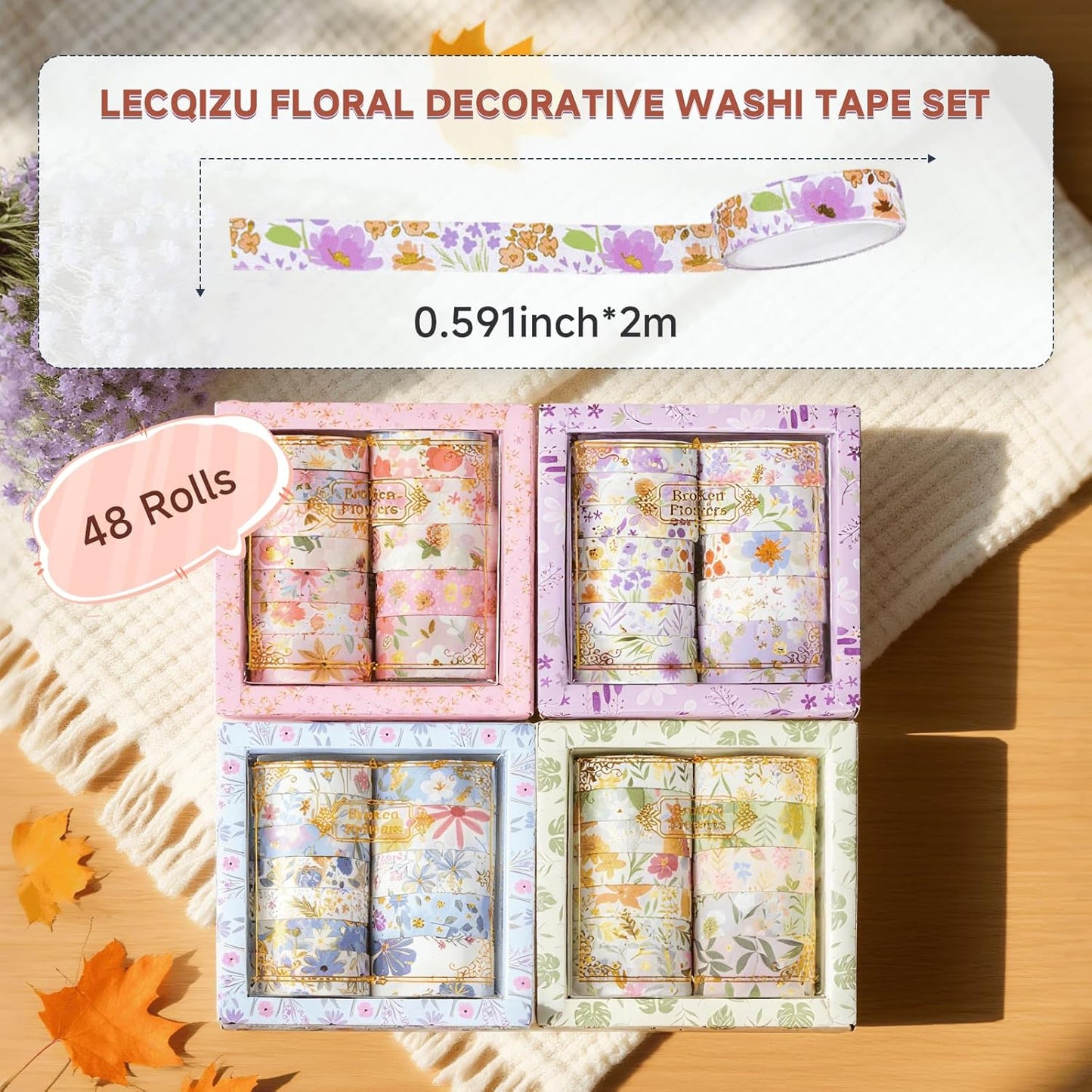 Floral Gilding Decorative Washi Tape Set,48 Rolls,Colorful Craft Tape for Journaling,DIY Crafts,Scrapbooking (Pin+Purple+Green+Blue)
