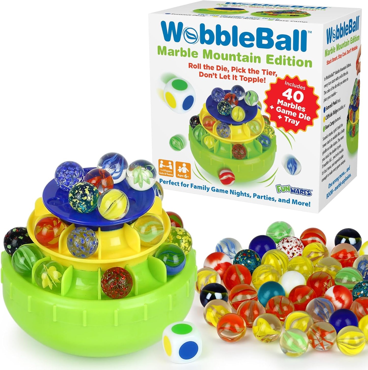Funwares WobbleBall 3-Tier Marble Balance Game, 40 Marbles Included, Skill & Dexterity Games for Kids & Adults, Family Party Game for 1-4 Players, Ages 6+