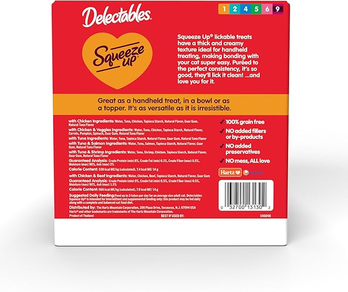 Hartz Delectables Squeeze Up Variety Pack, Creamy Squeezable Puree, Lickable Wet Cat Treats, Grain Free, No Added Fillers, No by-Products, No Added Preservatives, 0.5 Ounces Tube, 104 Tubes Total