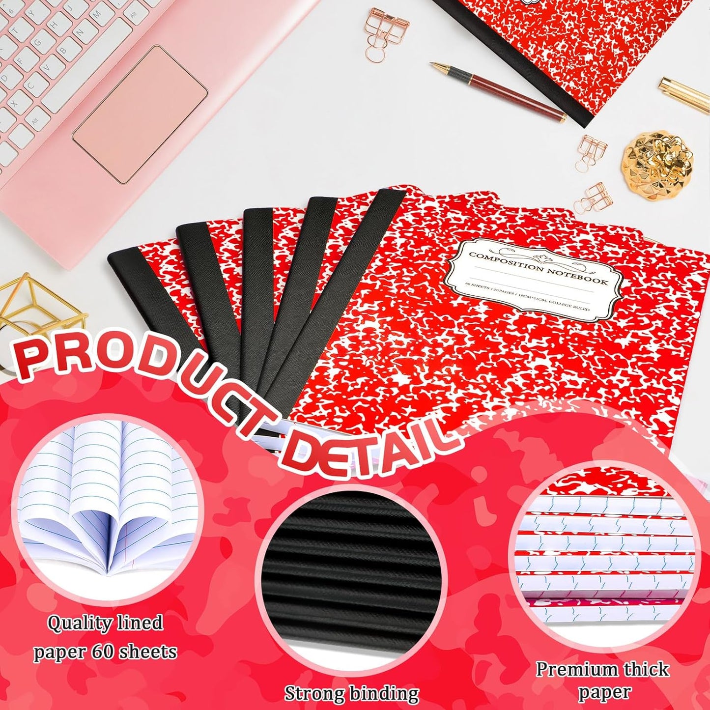 Seajan 20 Pack Composition Notebooks, Wide Ruled Paper, 7-1/2" x 9-3/4" Marble Hard Covers, 60 Sheets, Composition Notebooks Bulk for Students Back to School Adults Office Supplies(Red)