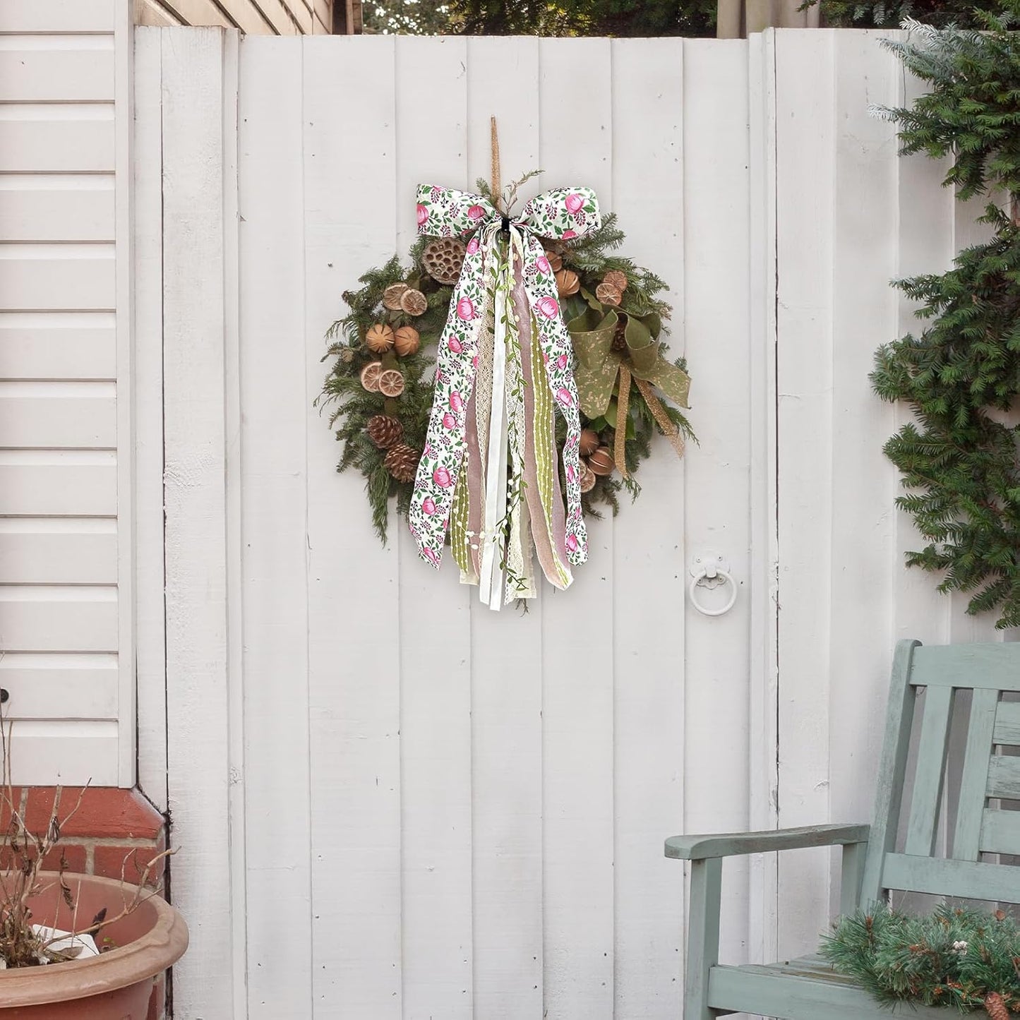 Large Flower Ribbon Bow for Wreath, Pink Floral Fabric Ribbons Set Assorted Leaves Lace Ribbon Green Dot Clip-On Wreath Sash Ribbons Bundle for Home Indoor Outdoor Decor