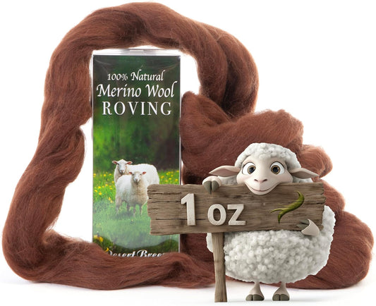 Desert Breeze Distributing 100% Natural Merino Wool Roving - Premium Combed Top Merino Roving Wool - Tapestry, Spinning, Wet Felting & Needle Felting Supplies - 21.5 Micron - 1 oz, Color Brown
