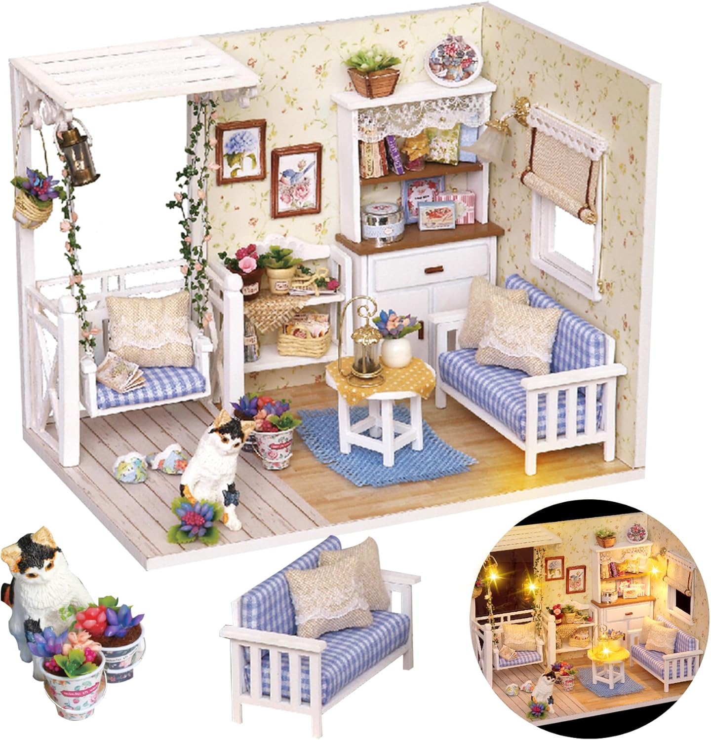 DIY Miniature House Kit – Mini Doll House Model Tiny Home Build Dollhouse Diorama Craft Kit with LED Dust Cover for Beginners Christmas Halloween Holiday Birthday Gift for Adult(Cat Room)