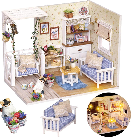 DIY Miniature House Kit – Mini Doll House Model Tiny Home Build Dollhouse Diorama Craft Kit with LED Dust Cover for Beginners Christmas Halloween Holiday Birthday Gift for Adult(Cat Room)