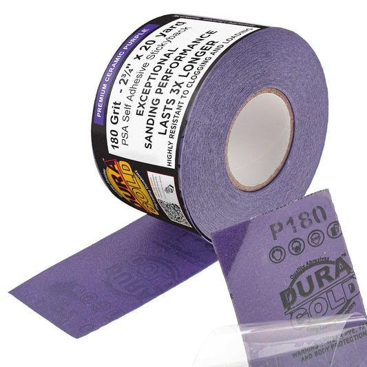 Dura-Gold Premium 180 Grit PSA Purple Film Ceramic Longboard Sandpaper, 2-3/4" Wide Continuous 20 Yard Roll - Self Adhesive Stickyback for Auto & Wood Air File Long Board Sanders, Hand Sanding Blocks