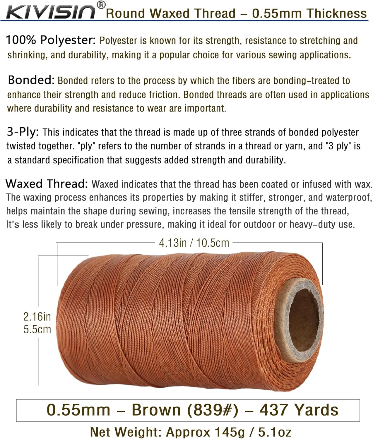 Sturdy Bonded Waxed Polyester Thread, 0.55mm, 437 Yards Wax String Cord - Brown for Leather, Hand Sewing, Stitching, Bookbinding, Beading, Bracelets and Macrame Jewelry Making