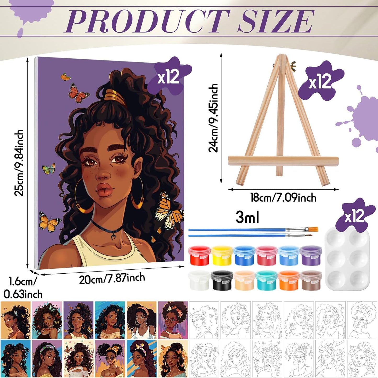 Zhanmai 12 Pack Pre Drawn Canvas for Painting Sip and Paint Kit 8" x 10" Paint Party Set Canvas Painting Pre Printed Canvases for Party Favor DIY Virtual Adult's Date Night(Charming Girl)