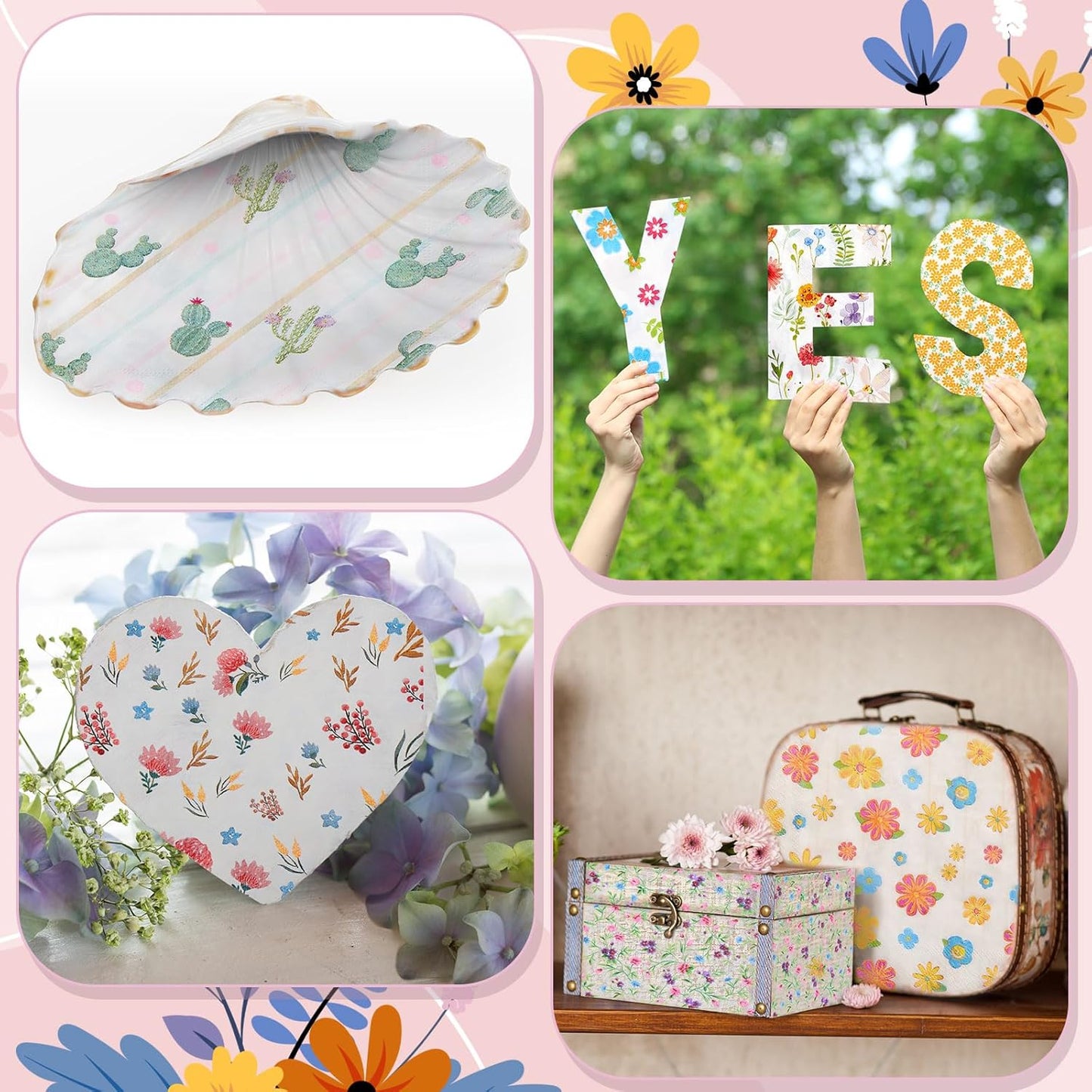 Crtiin 36 Pack 9 Styles Decoupage Napkins Assorted Floral Decorative Decoupage Napkins Chinoiserie Cocktail Paper for DIY Crafting Birthday Party, Each Unfolded 13 Inch (Little Colorful Floral)