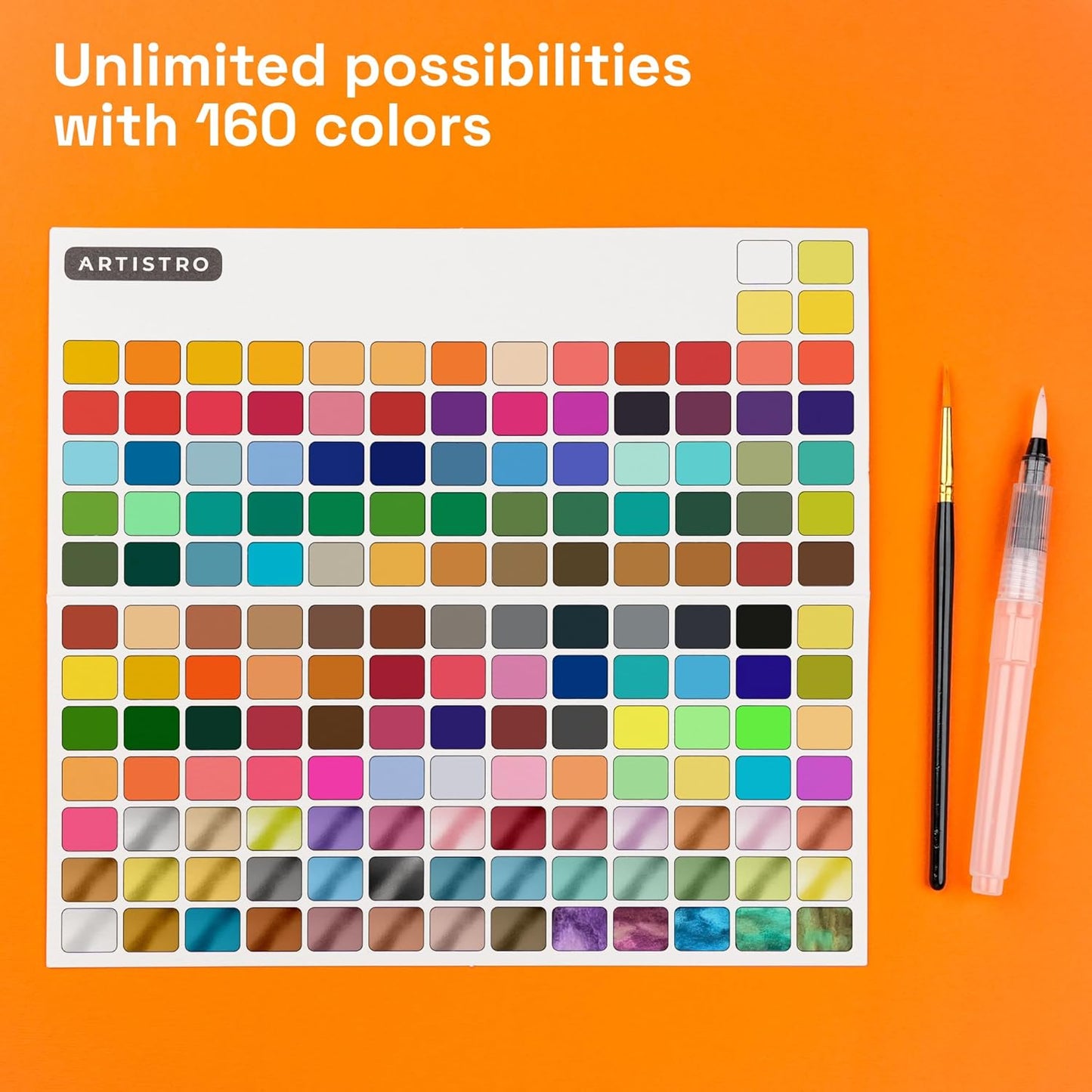 ARTISTRO Watercolor Paint Set 160 Colors - Vivid, Metallic & Neon, Portable Travel Set for Kids & Adults