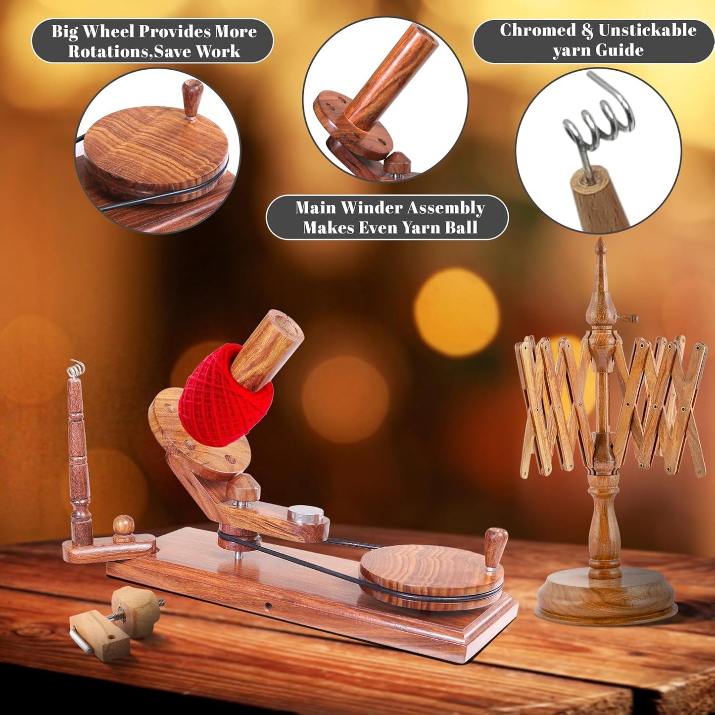 Large Handcrafted Wooden Yarn Winder & Swift – Rosewood Brown Ball Winder for Crocheting, Knitting, Weaving – Heavy-Duty Yarn Winder for 8-12 oz Skeins