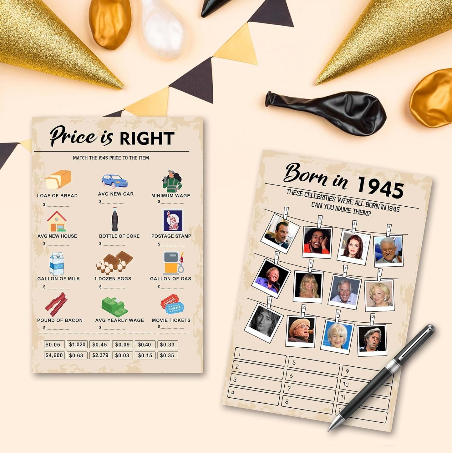 80th Birthday Party Games, Set of 2 Activities for 15 Guests, Born in 1945 Games Bundle, Birthday Party Supplies for Adults, Pack of 30 Cards