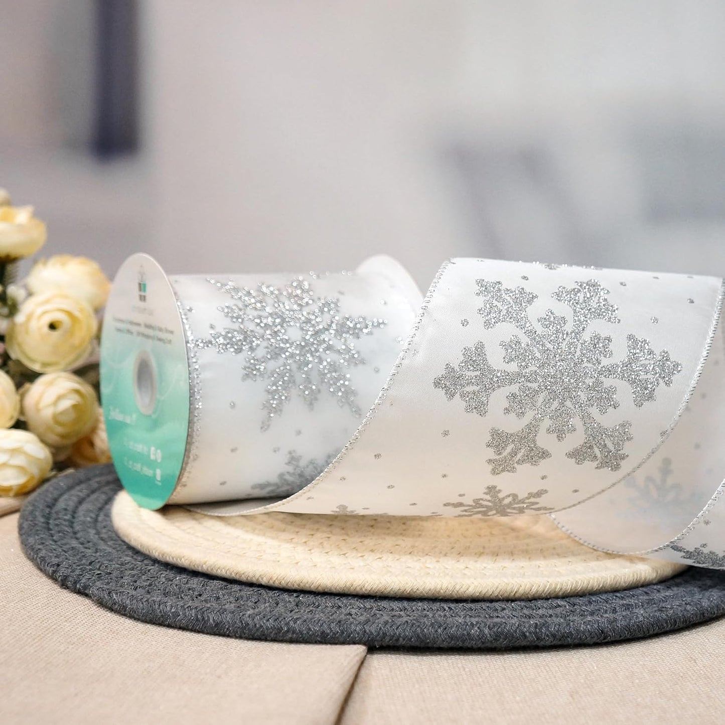 CT CRAFT LLC White Satin with Silver Snowflake Wired Ribbon 4 Inch x 10 Yards for Christmas Home Decor Tree Topper Bow Gift Wrapping DIY Crafts Wreath Garland