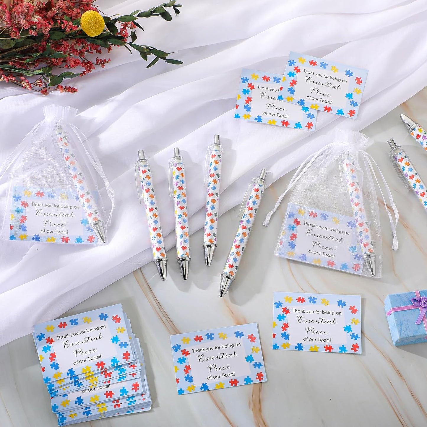 35 Sets Team Gifts 35 Puzzle Pens Bulk Retractable Ballpoint Pen 35 Thank You Cards and Organza Bags Appreciation Gifts for Coworker Employee Team Staff Teacher Nurse Student