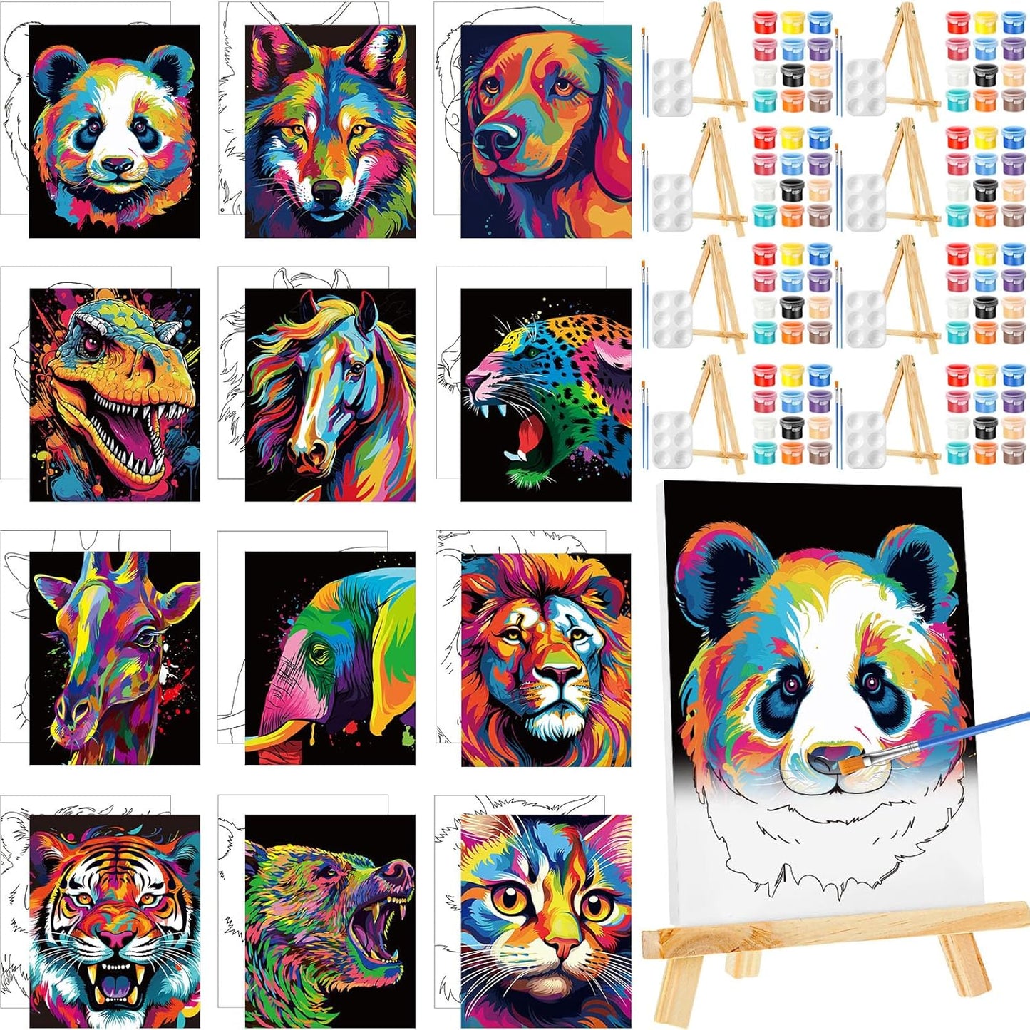 Zhanmai 12 Pack Pre Drawn Canvas for Painting Sip and Paint Kit 8 x 10 Paint Party Set Canvas Painting Pre Printed Canvases for Party Favor DIY Virtual Adult's Date Night(Colorful Animals)