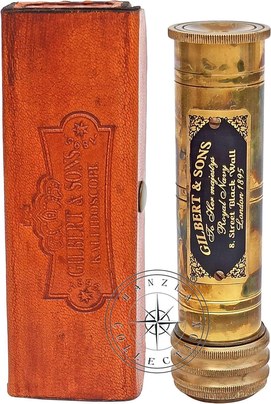 Gilbert & Sons Antique Brass Kaleidoscope Engraved Nautical Kids Gift with Leather Case Educational Gift Vintage Decor Collection