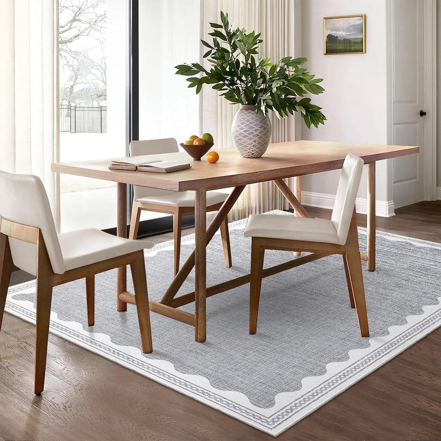 Scalloped Washable Rug 8x10 Area Rugs for Living Room, Solid Grey Rug for Bedroom Girls, Non Slip Throw Carpet with Rubber Back, Soft Dorm Nursery Scalloped 8x10 Rugs for Dining Room