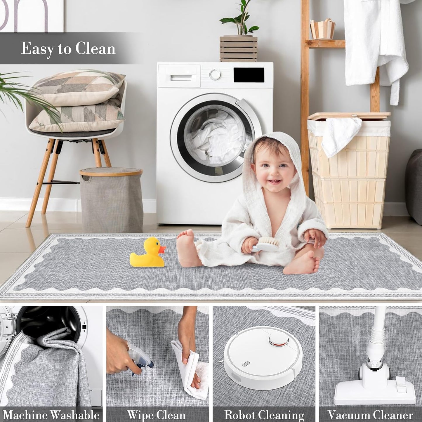 Scalloped Washable Rug 5x7 Area Rugs for Living Room, Solid Grey Rug for Bedroom Girls, Non Slip Scalloped Rug Throw Rugs with Rubber Back, Soft Dorm Nursery Low Pile Carpet for Dining Room