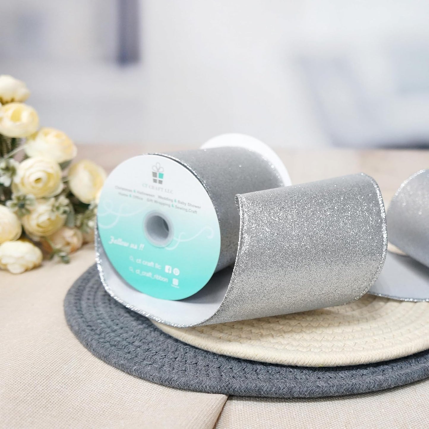 CT CRAFT LLC Glitter Wired Ribbon 4" x 10 Yards Silver for Christmas Home Decor Bow Gift Wrapping DIY Crafts Wreath