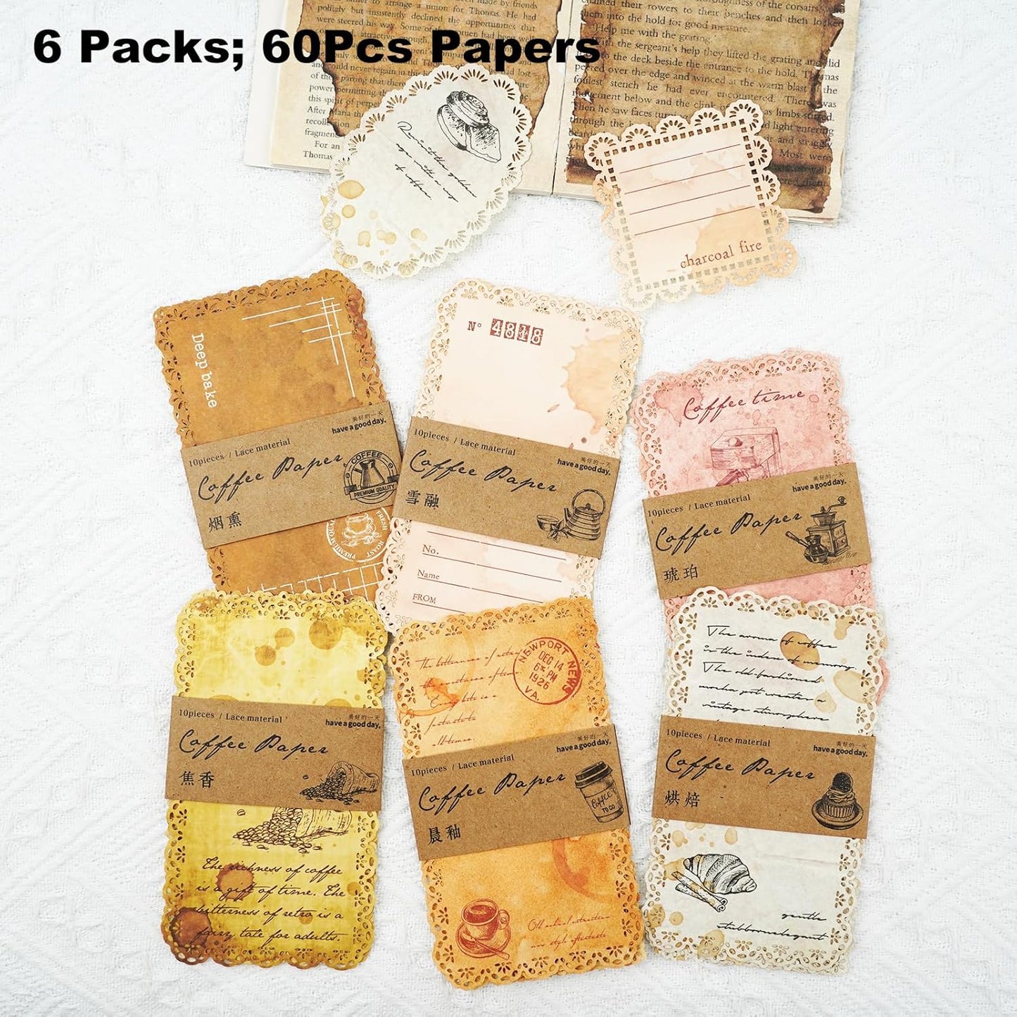 Coffee-Themed Lace Paper Set, 60 PCS Retro Lightweight Journaling Paper for Scrapbooking, DIY Crafts, Card Making, and Planners