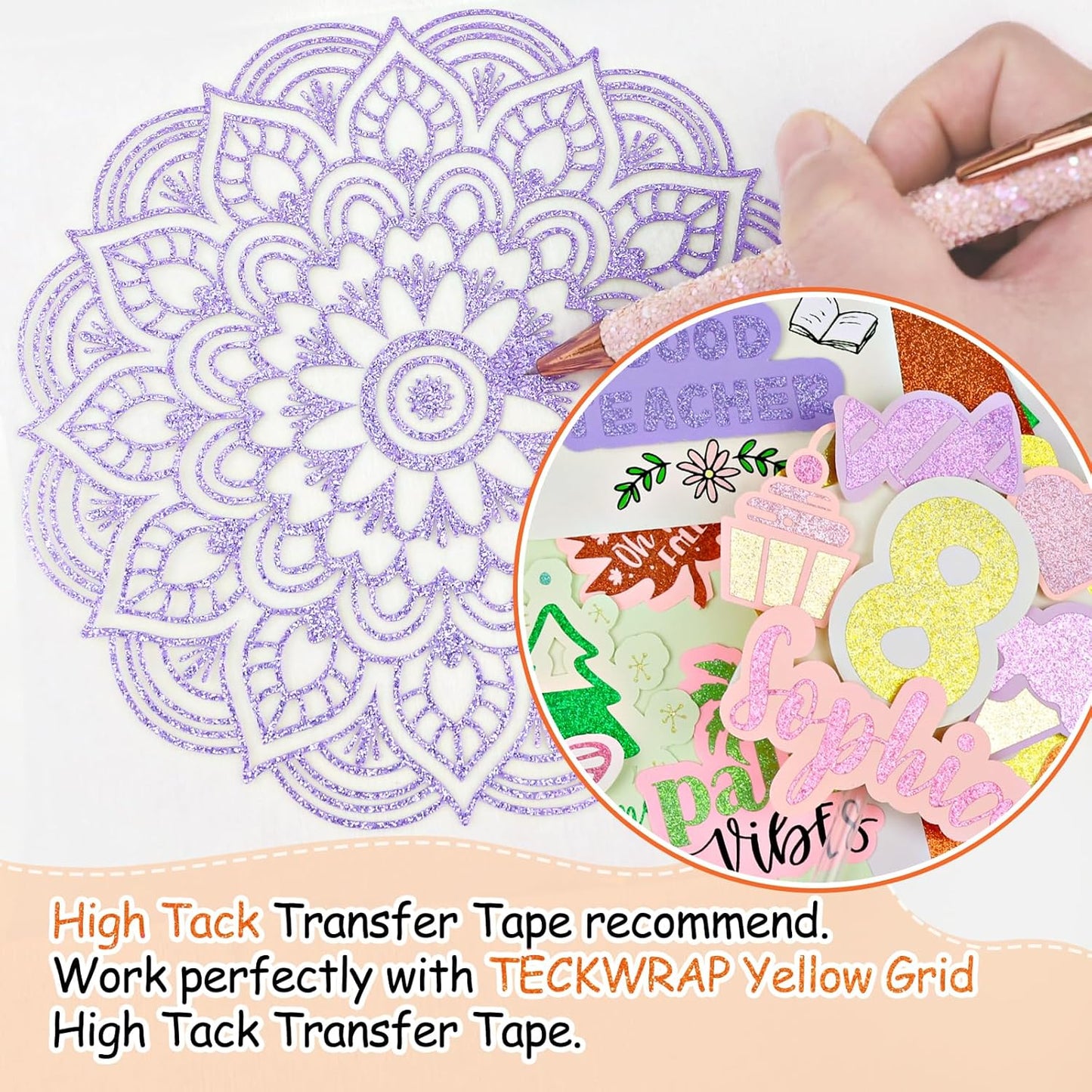 TECKWRAP Glitter Adhesive Vinyl, 12" x 12" 9 Glitter Colors with 1 High Tack Transfer Tape, Permanent Craft Vinyl for Scrap-Booking, Decals, DIY Projects, Home Decor, DIY Project Party Decoration