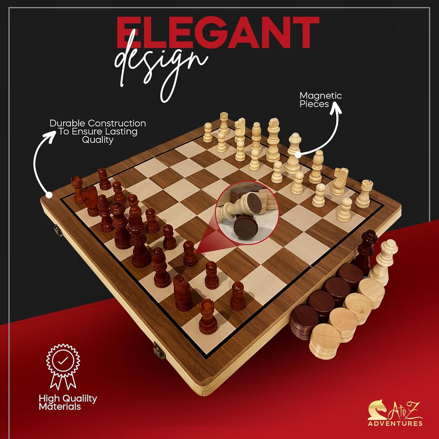 Magnetic Chess Set with Checkers - 15" (2 in 1) Folding Wooden Chess Sets for Adults & Kids with 2 Extra Queens | Travel Chess Board Game Set with Chess Pieces Storage Slots, Luxury Gift with Storage