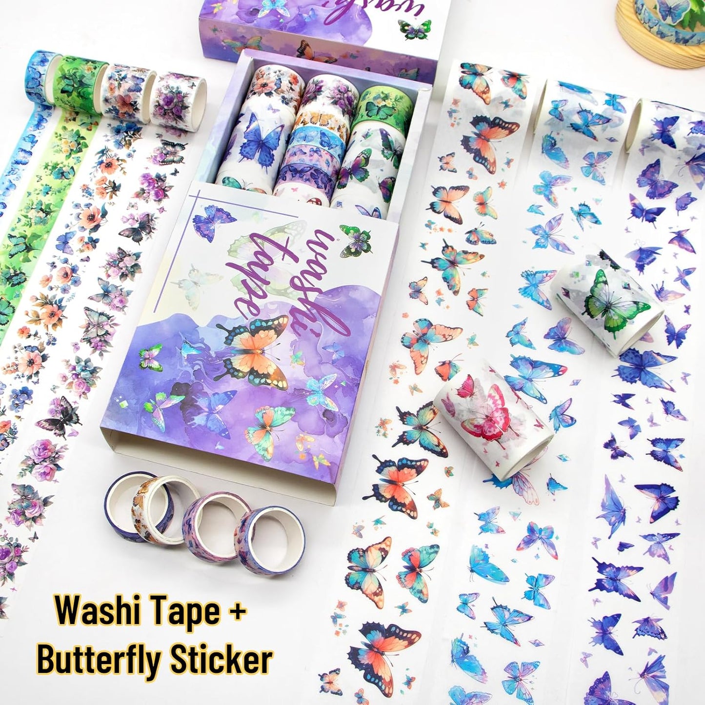 Washi Tape Set 12 Rolls - Over 700 PCS Butterfly Stickers, Washi Tape Stickers for Scrapbooking Supplies, Bullet Journaling Supplies, Junk Journal, DIY Crafts Art