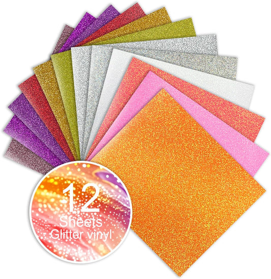 Glitter HTV Sparkly Heat Transfer Vinyl Bundle – 12 Assorted Colors 12"x10" Iron-On Vinyl Sheets for T-Shirts & DIY Crafts – Easy to Cut & Weed, No-Flake & Washable, Works with All Cutting Machines