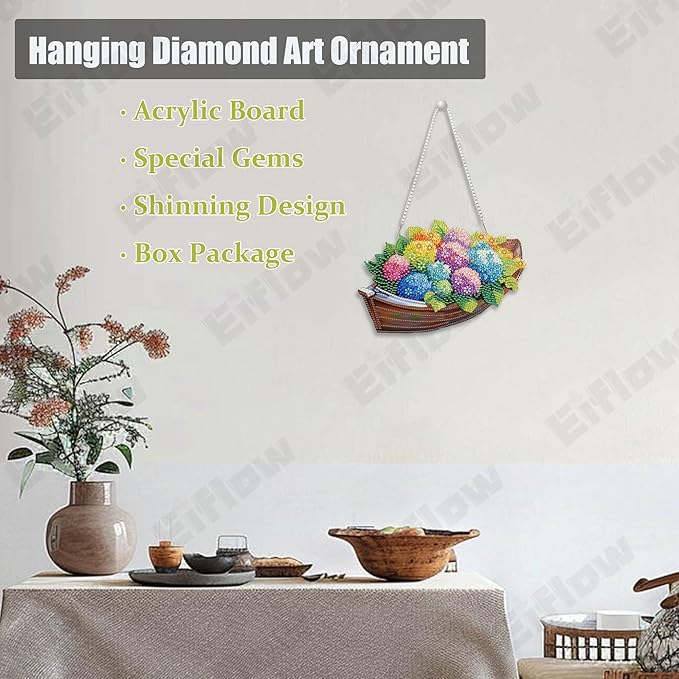 Eiflow Acrylic Diamond Art Hanging Ornament Kit for Adults Hydrangea Flower, DIY Diamonds Painting Door Hanger Board Kit, Special Crystal Diamond Art Painting Pendant