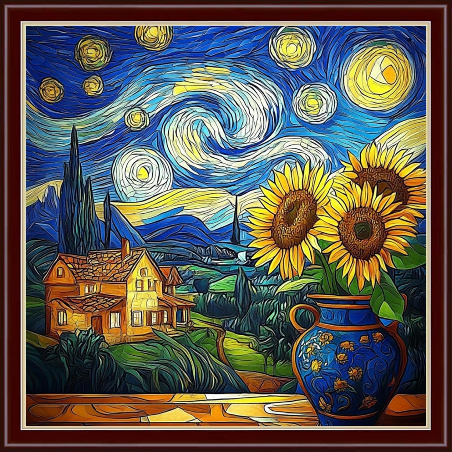 Dimensean Stamped Cross Stitch Kits Full Range of Embroidery Patterns Starter Kits for Beginners Adult or Kids DIY Cross Stitches Needlepoint Kits 11CT- Van Gogh Starry Sky Sunflower 18x18 inch