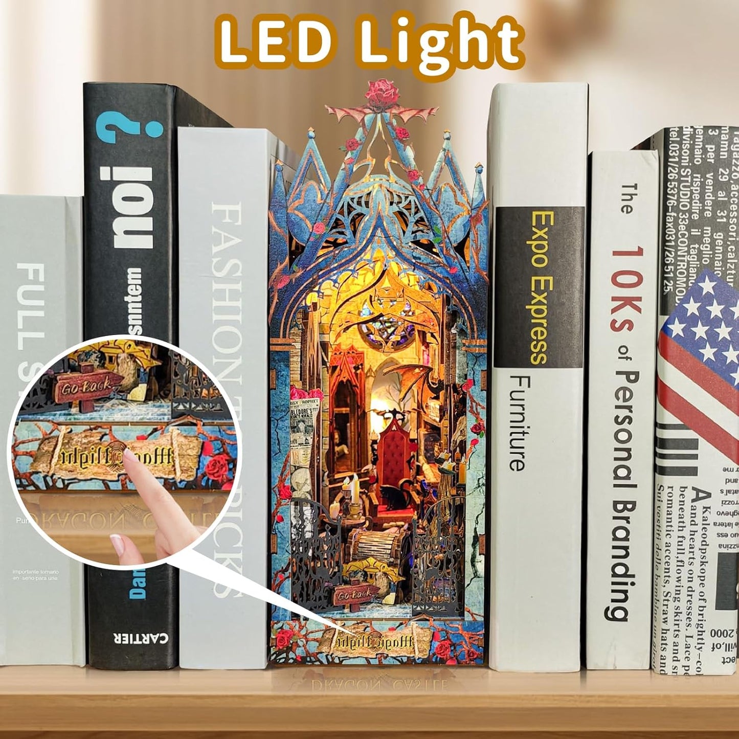 DIY Book Nook Kit,Dollhouse Booknook Bookshelf Insert Decor,3D Wooden Puzzles with LED Dust Cover,Book Nook Miniature Kit,Birthday Halloween Home Decor for Teens Adult-Moonlight Castle