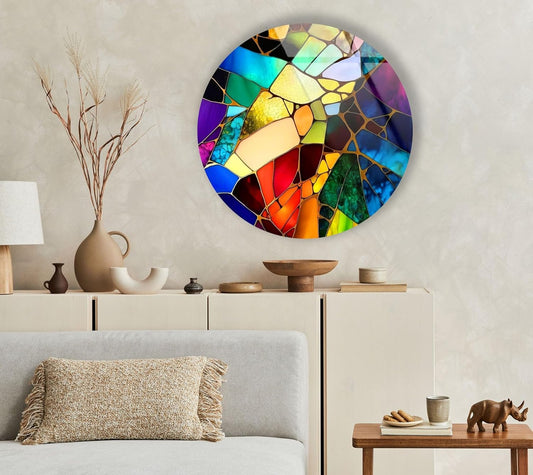My Photostation.com 24''(60cm) Diameter Multicolor Round Stained Glass Wall Art Vibrant Mosaic Abstract Panel Tempered Glass Printing Wall Decor Large Wall Art Wall Hangings